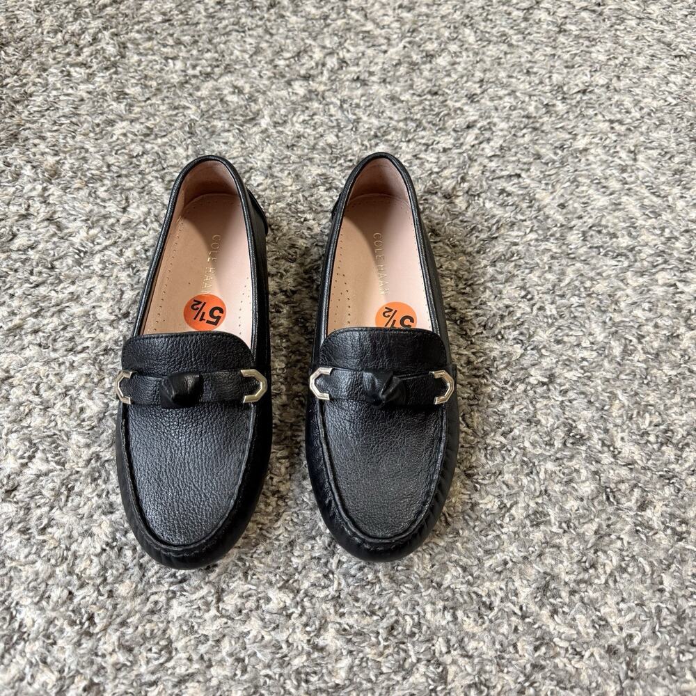 Cole Haan Evelyn Bow Driver Black Grainy Leather LoafersShoes Slip On 5.5 NEW